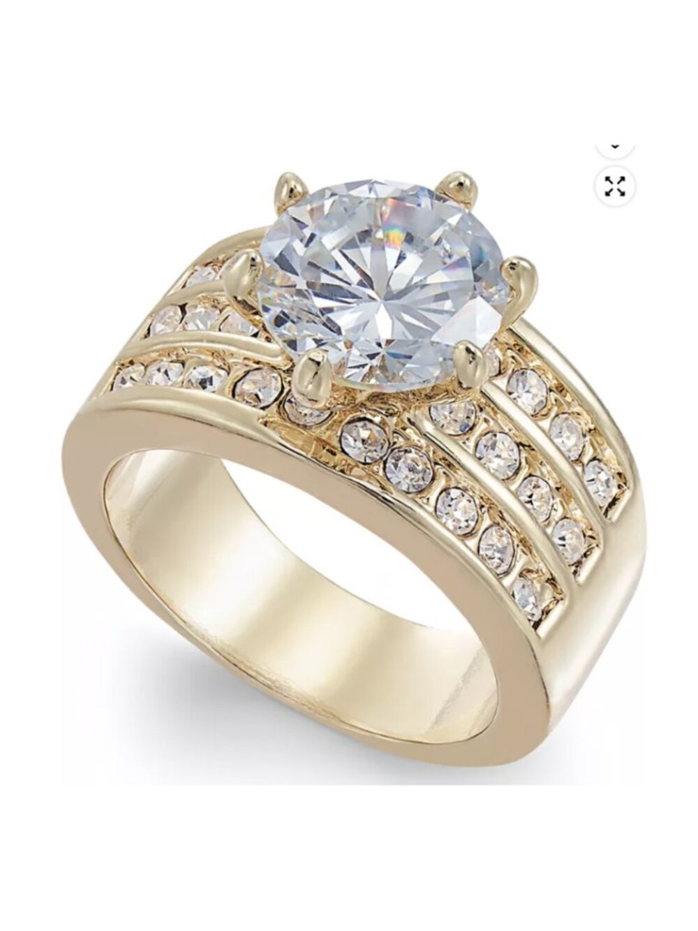 Gold Tone Crystal Triple Row Engagement Ring | Statement Solitaire Ring